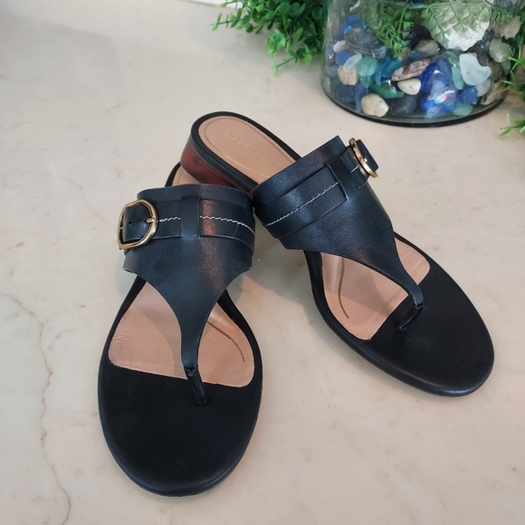 Black Leather Toe-Post Slide Sandals with Gold Buckle Accent - Picture 3 of 10